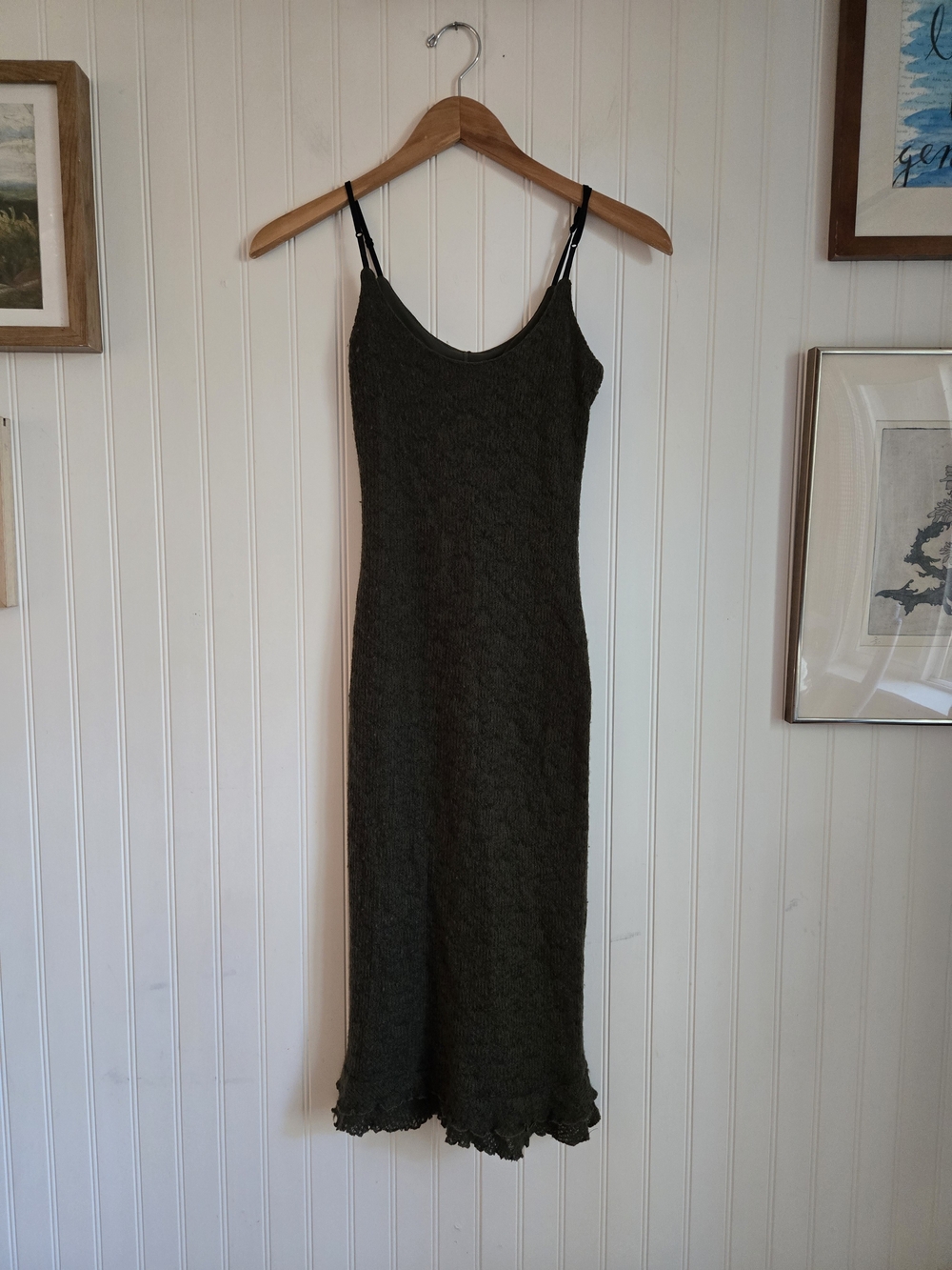 Vintage Pretty Good Wool Blend Olive Green Spaghetti Strap Slip Dress
